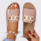 Lunessa | Slip On Sandals for Women - Wedge Open Toe Buckle Detail Comfort Fit-Women's Sandals-Pink-5-Camoufit