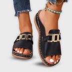 Lunessa | Slip On Sandals for Women - Wedge Open Toe Buckle Detail Comfort Fit-Women's Sandals-Black-5-Camoufit