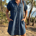 Solenne | Denim Print Dress for Women - Casual Soft Breathable Flattering Regular Everyday Fit-Dresses-Dark Blue-S-Camoufit