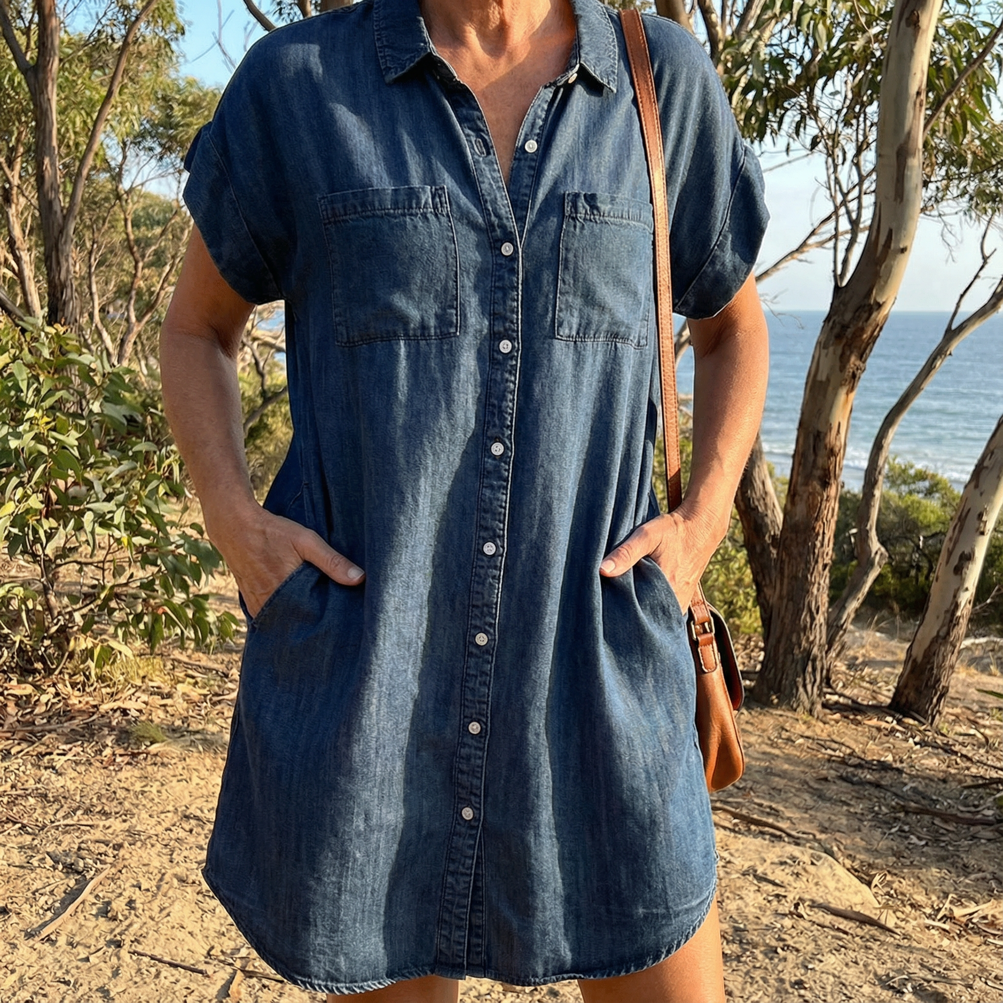 Solenne | Denim Print Dress for Women - Casual Soft Breathable Flattering Regular Everyday Fit-Dresses-Dark Blue-S-Camoufit