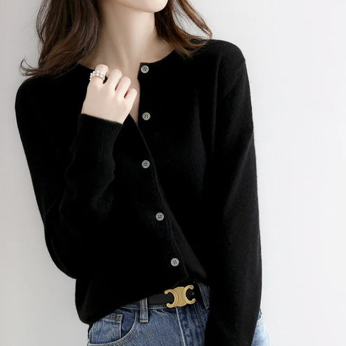 Avenza | Women's Soft Button Cardigan with Round Neckline Fitted Silhouette Cosy Knit Layer-Womens' Cardigan-Black-S-