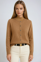 Avenza | Women's Soft Button Cardigan with Round Neckline Fitted Silhouette Cosy Knit Layer-Womens' Cardigan-Beige-S-