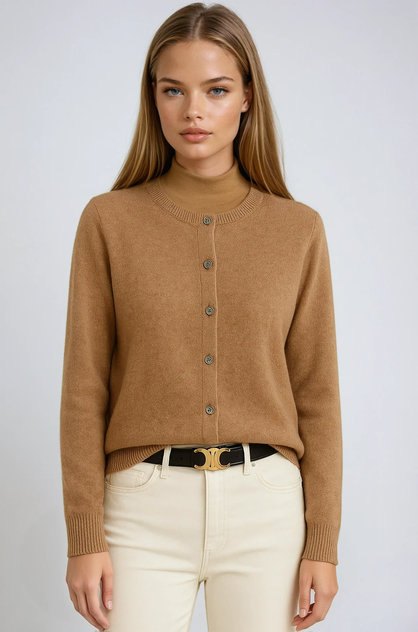 Avenza | Women's Soft Button Cardigan with Round Neckline Fitted Silhouette Cosy Knit Layer-Womens' Cardigan-Beige-S-