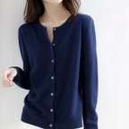 Avenza | Women's Soft Button Cardigan with Round Neckline Fitted Silhouette Cosy Knit Layer-Womens' Cardigan-Navy Blue-S-