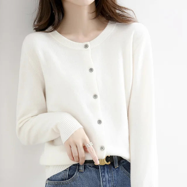 Avenza | Women's Soft Button Cardigan with Round Neckline Fitted Silhouette Cosy Knit Layer-Womens' Cardigan-White-S-