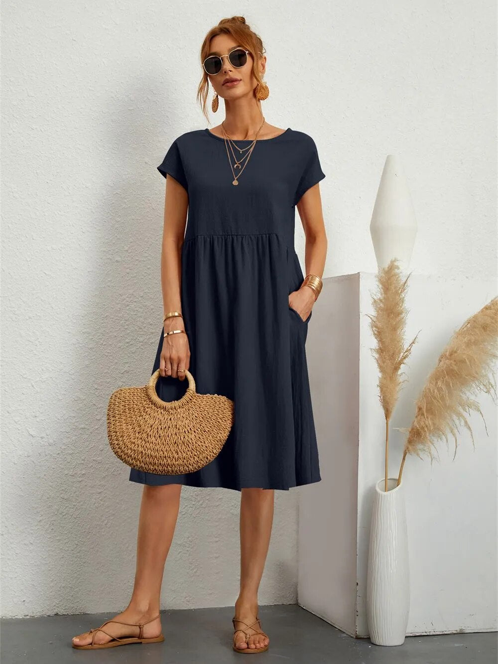Sol Women's Modern Dress – Elegant Timeless Fit-Summer Dress-Navy-XS-Camoufit
