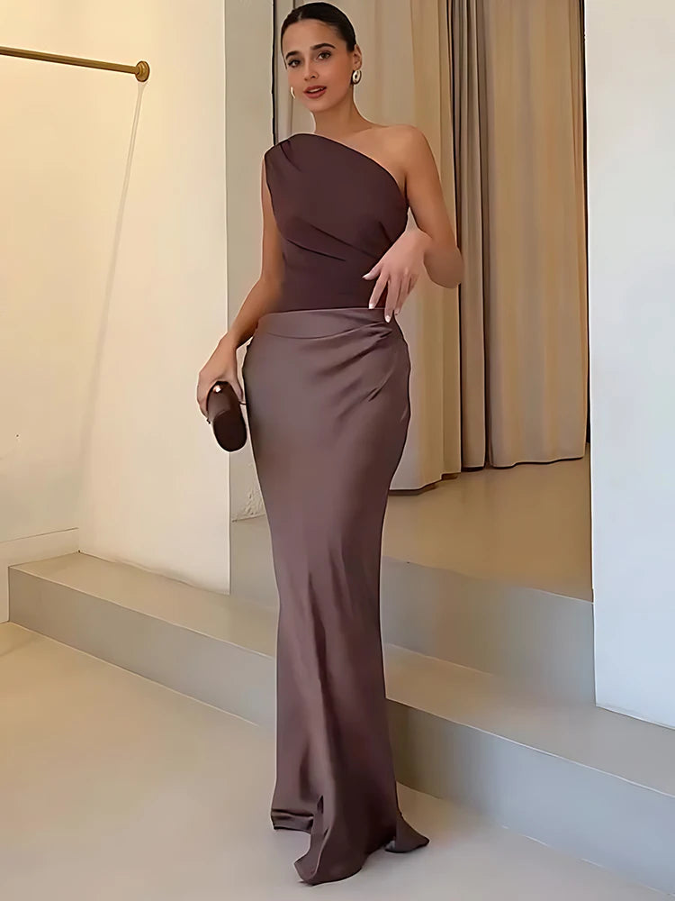 Women's Elegant One-Shoulder Satin Maxi Dress with Asymmetric Cut Flattering Evening Gown-Evening Dress-Brown-XS-