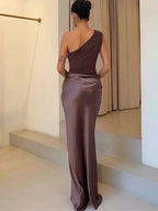 Women's Elegant One-Shoulder Satin Maxi Dress with Asymmetric Cut Flattering Evening Gown-Evening Dress-Brown-XS-