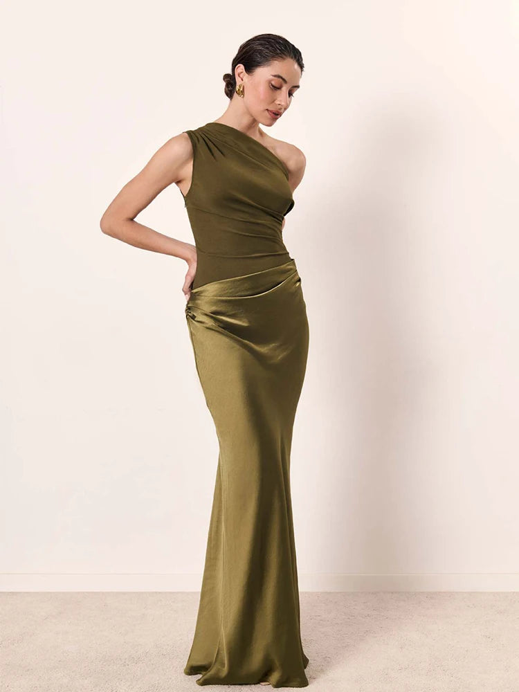 Women's Elegant One-Shoulder Satin Maxi Dress with Asymmetric Cut Flattering Evening Gown-Evening Dress-Brown-XS-