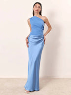 Women's Elegant One-Shoulder Satin Maxi Dress with Asymmetric Cut Flattering Evening Gown-Evening Dress-Brown-XS-