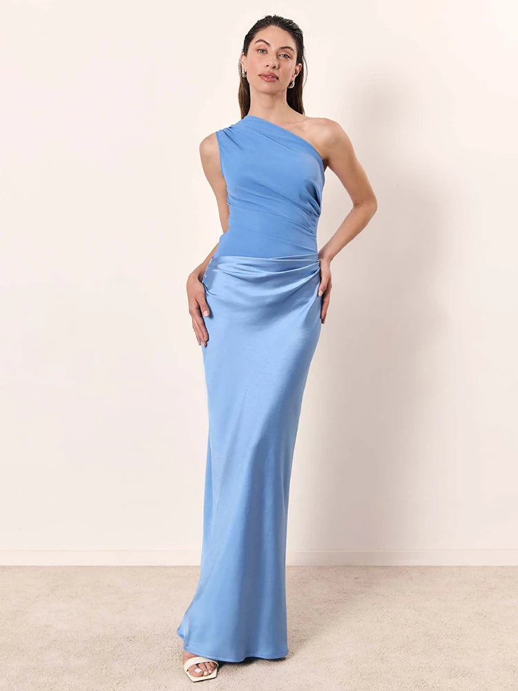 Women's Elegant One-Shoulder Satin Maxi Dress with Asymmetric Cut Flattering Evening Gown-Evening Dress-Brown-XS-