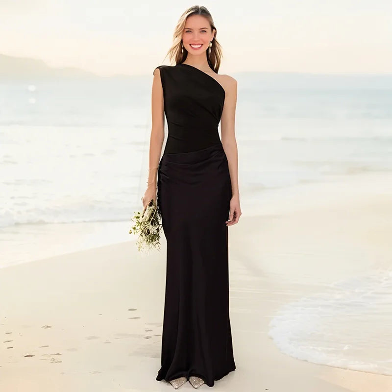 Women's Elegant One-Shoulder Satin Maxi Dress with Asymmetric Cut Flattering Evening Gown-Evening Dress-Black-XS-