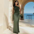 Women's Elegant One-Shoulder Satin Maxi Dress with Asymmetric Cut Flattering Evening Gown-Evening Dress-Green-XS-