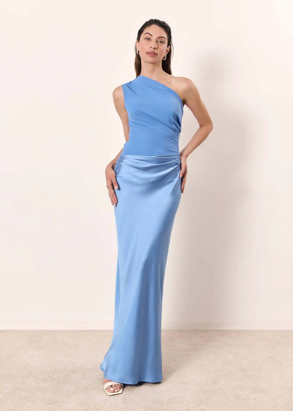 Women's Elegant One-Shoulder Satin Maxi Dress with Asymmetric Cut Flattering Evening Gown-Evening Dress-Blue-XS-