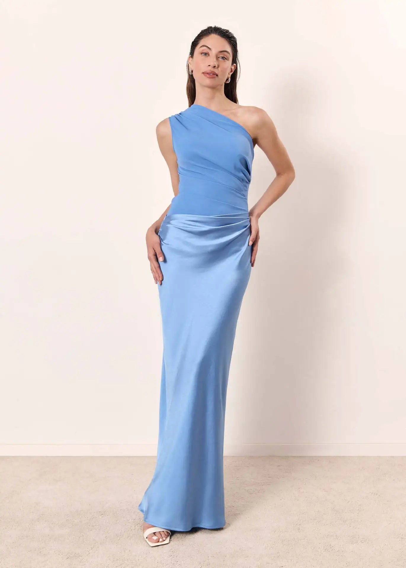 Women's Elegant One-Shoulder Satin Maxi Dress with Asymmetric Cut Flattering Evening Gown-Evening Dress-Blue-XS-