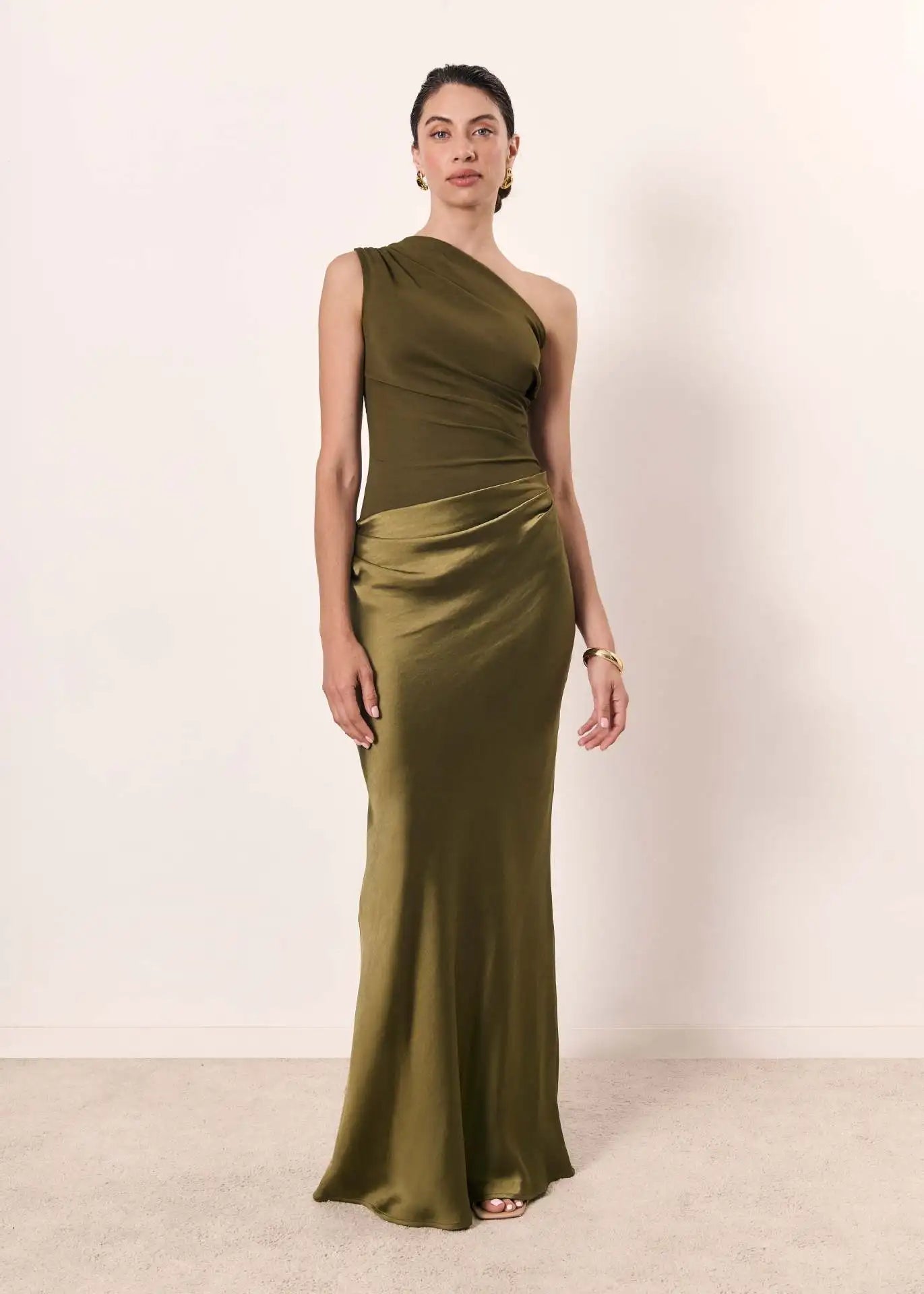 Women's Elegant One-Shoulder Satin Maxi Dress with Asymmetric Cut Flattering Evening Gown-Evening Dress-Olive Green-XS-