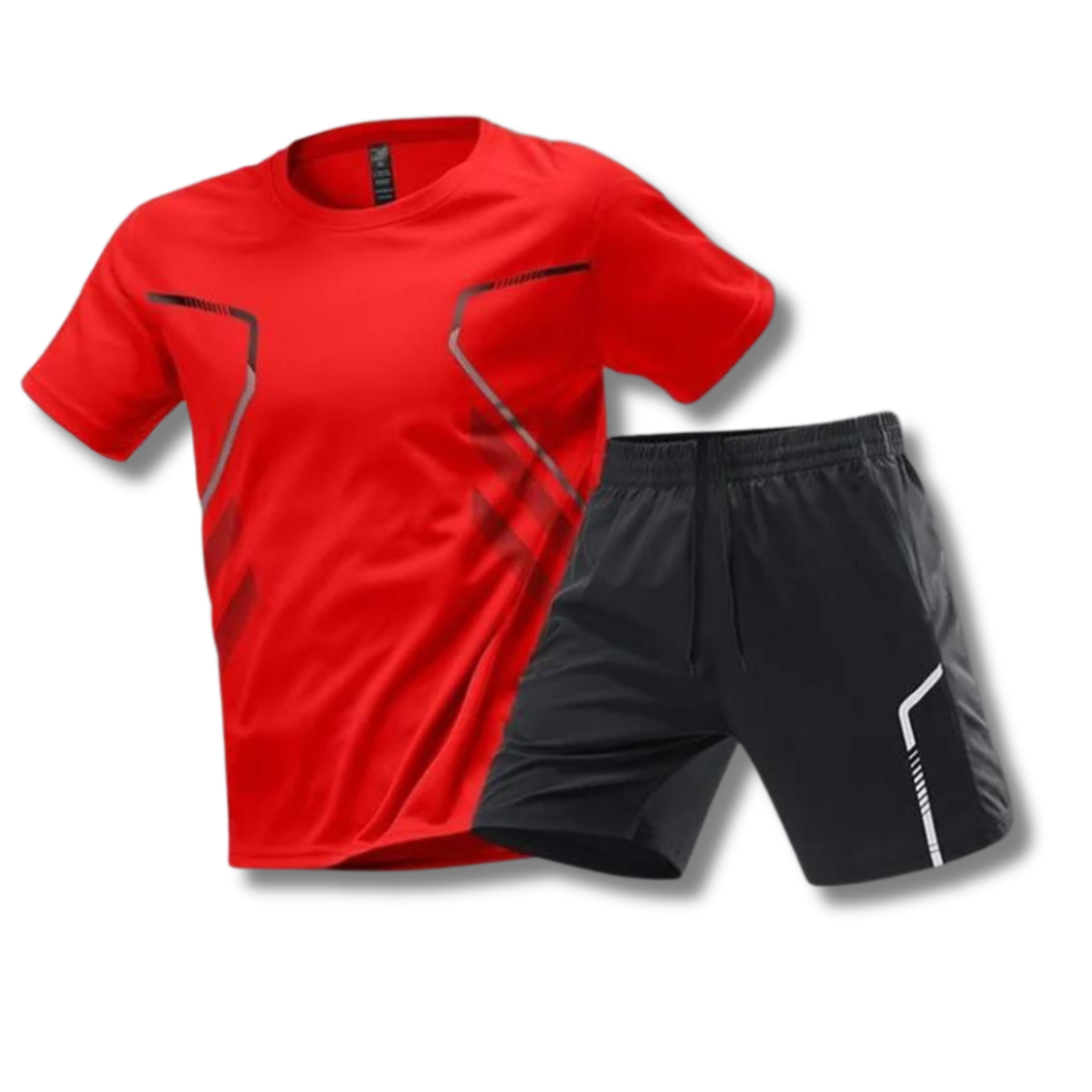 Men's athletic t-shirt and shorts set, red tee and black shorts