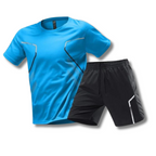 Men's athletic t-shirt and shorts set, light blue tee and black shorts