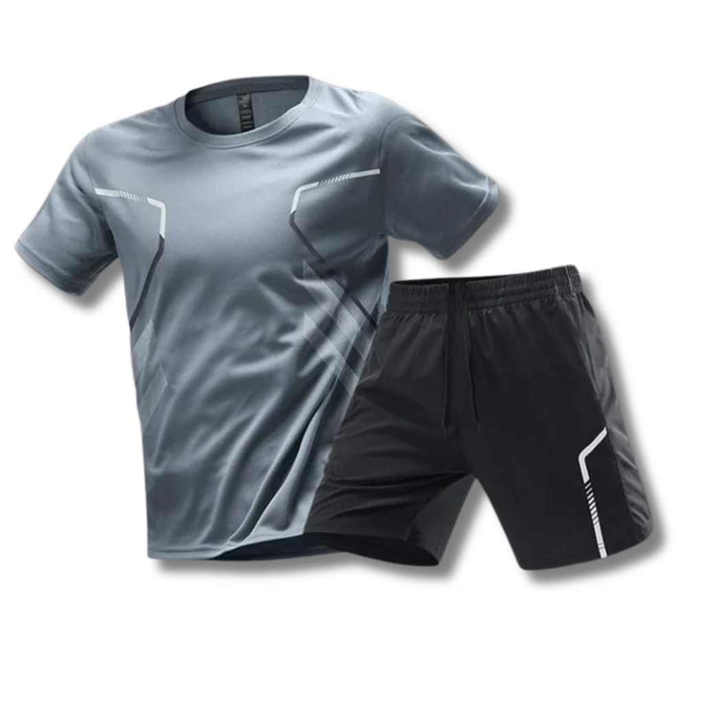 Men's athletic t-shirt and shorts set, gray tee and black shorts