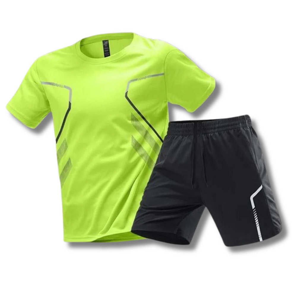 Men's athletic t-shirt and shorts set, bright yellow-green tee and black shorts