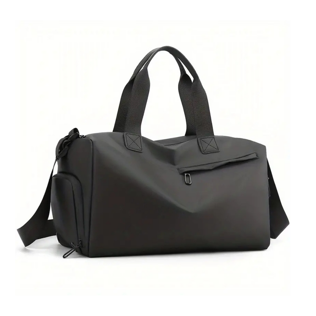 Water-resistant black sports duffel bag with reinforced handles and front zip pocket