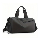 Water-resistant black sports duffel bag with reinforced handles and front zip pocket