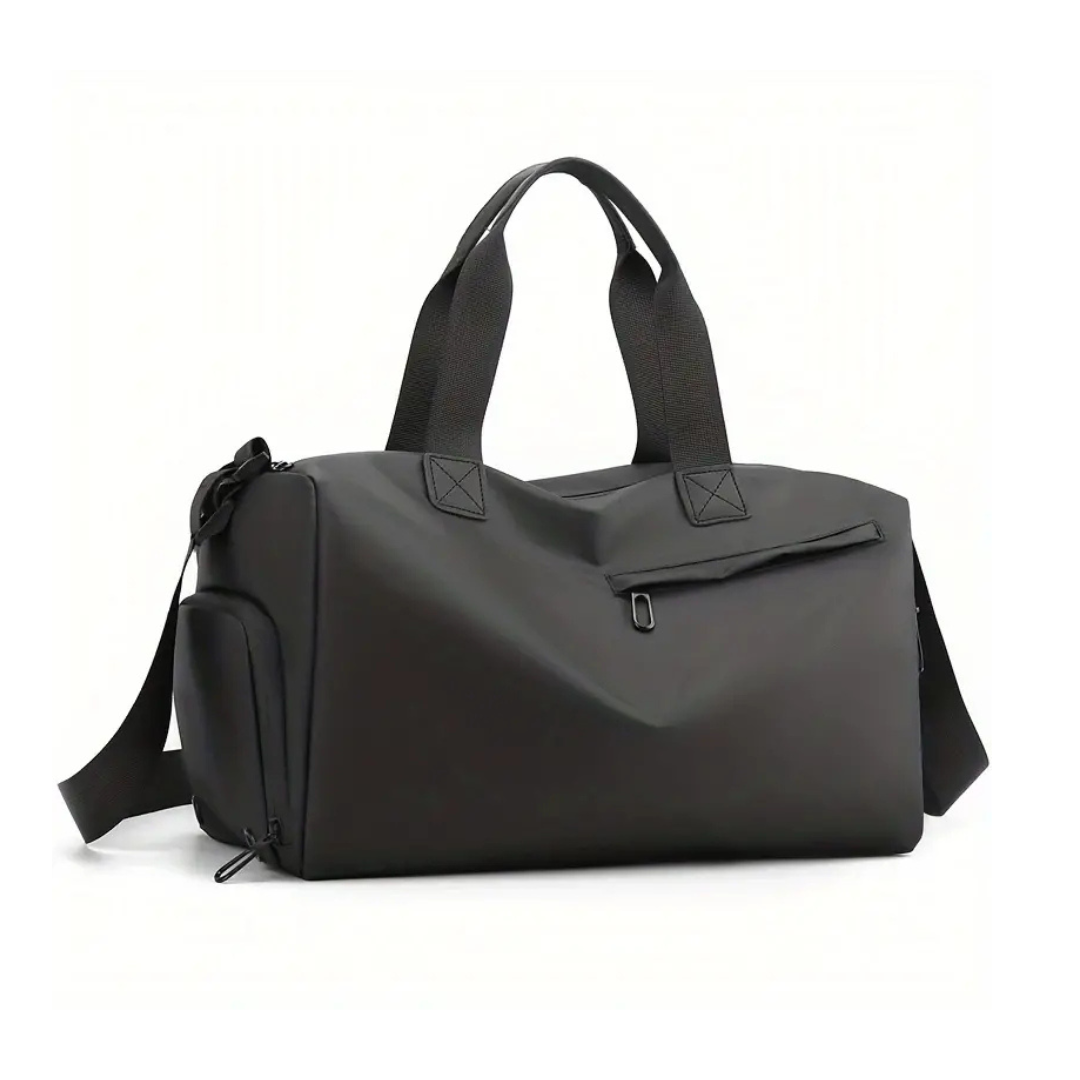 Water-resistant black sports duffel bag with reinforced handles and front zip pocket