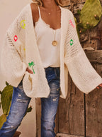 Naurelle | Women's Oversized Knit Cardigan Hollow Out Embroidered Boho Open Front Cosy Layer-Womens' Cardigan-Beige-XL-