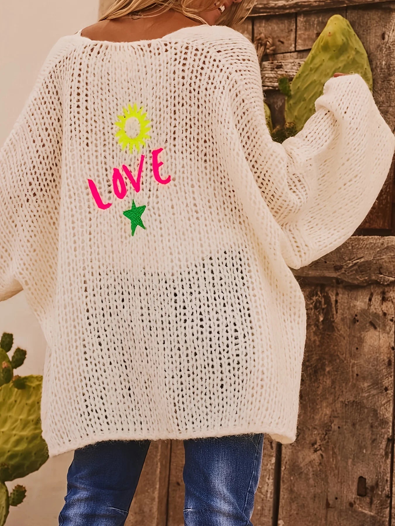 Naurelle | Women's Oversized Knit Cardigan Hollow Out Embroidered Boho Open Front Cosy Layer-Womens' Cardigan-Beige-XL-