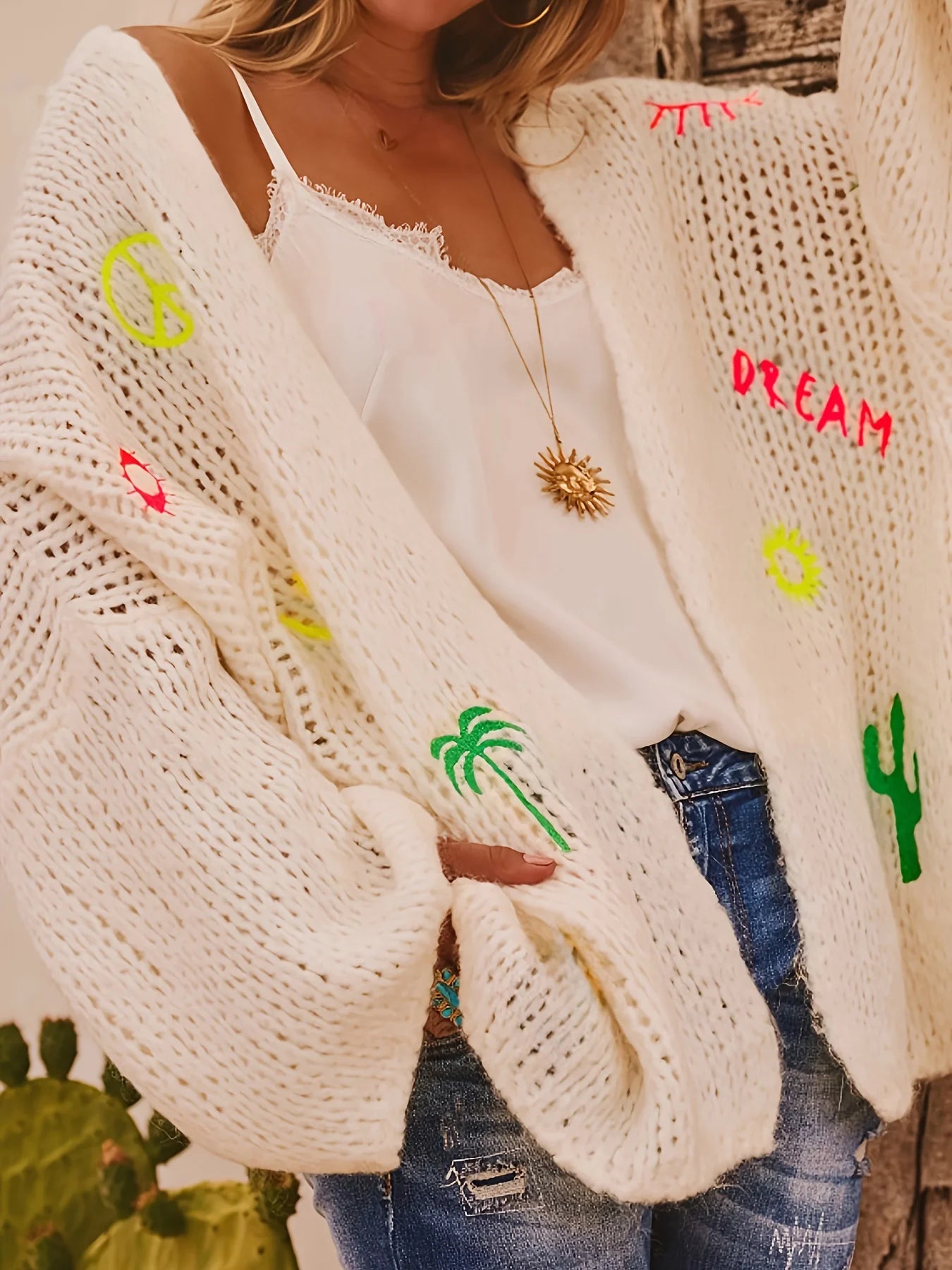 Naurelle | Women's Oversized Knit Cardigan Hollow Out Embroidered Boho Open Front Cosy Layer-Womens' Cardigan-Beige-XL-