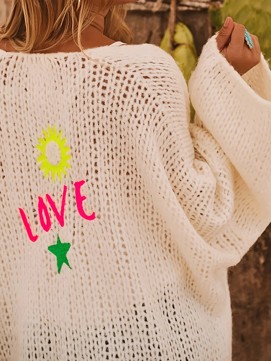 Naurelle | Women's Oversized Knit Cardigan Hollow Out Embroidered Boho Open Front Cosy Layer-Womens' Cardigan-Beige-XL-