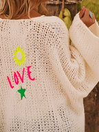 Naurelle | Women's Oversized Knit Cardigan Hollow Out Embroidered Boho Open Front Cosy Layer-Womens' Cardigan-Beige-XL-