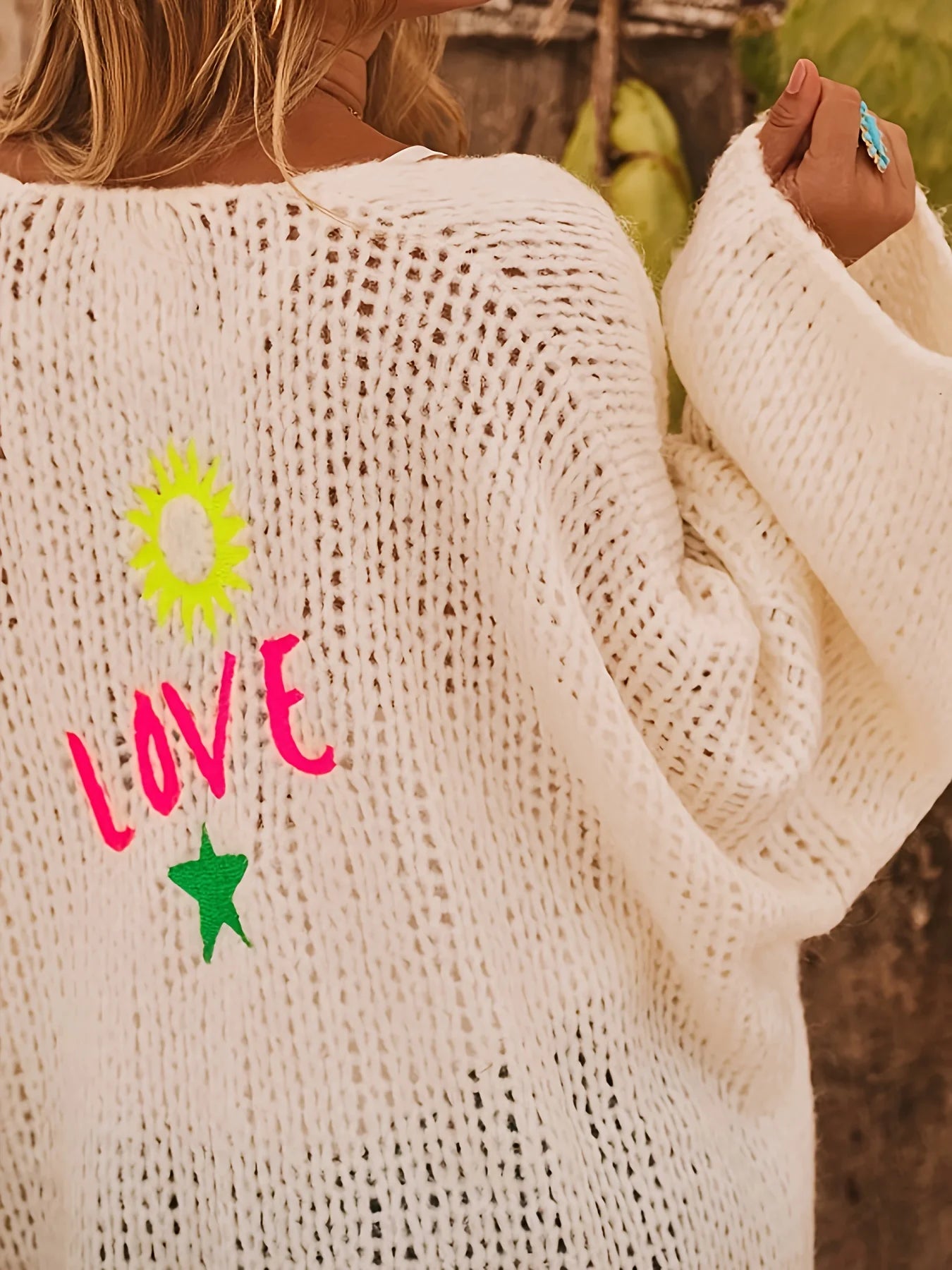 Naurelle | Women's Oversized Knit Cardigan Hollow Out Embroidered Boho Open Front Cosy Layer-Womens' Cardigan-Beige-XL-