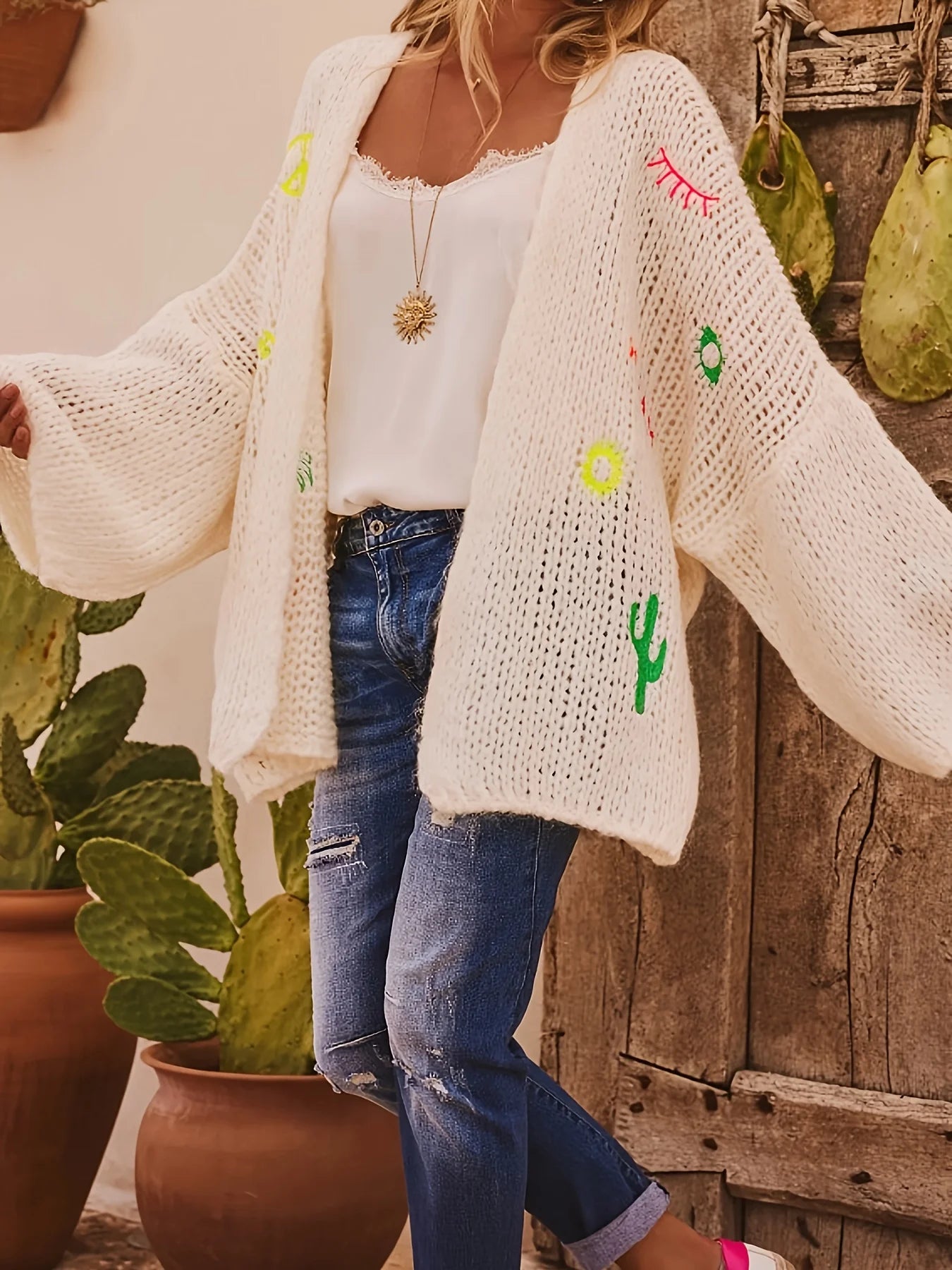 Naurelle | Women's Oversized Knit Cardigan Hollow Out Embroidered Boho Open Front Cosy Layer-Womens' Cardigan-Beige-XL-