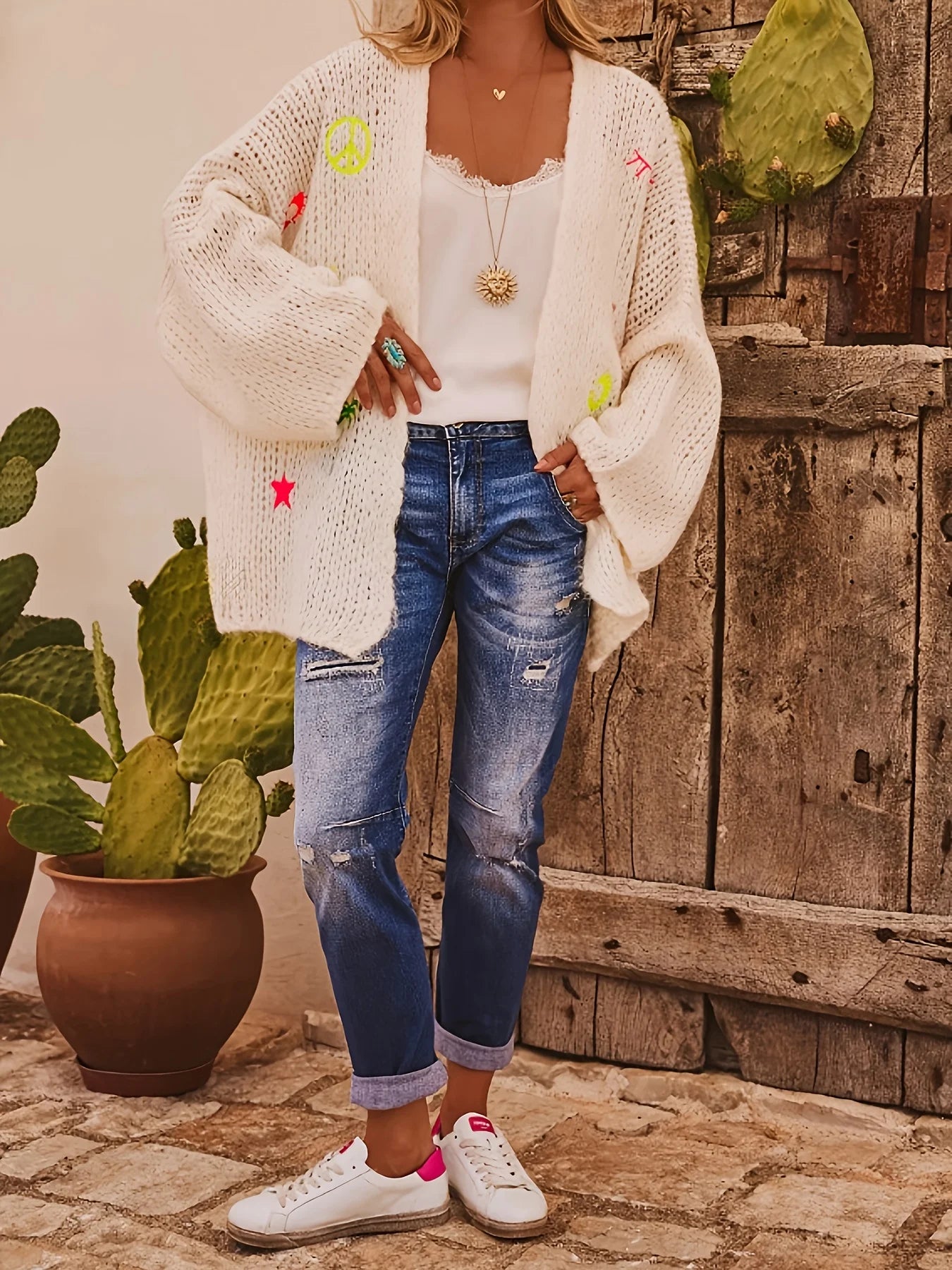 Naurelle | Women's Oversized Knit Cardigan Hollow Out Embroidered Boho Open Front Cosy Layer-Womens' Cardigan-Beige-XL-