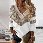 Avenza | Women's V-Neck Colour Block Jumper Chevron Pattern Relaxed Fit Ribbed Trim Cosy Pullover-Women's Sweater-Leopard-S-Camoufit