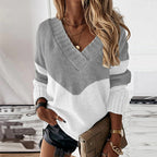 Avenza | Women's V-Neck Colour Block Jumper Chevron Pattern Relaxed Fit Ribbed Trim Cosy Pullover-Women's Sweater-Gray-S-Camoufit