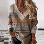 Avenza | Women's V-Neck Colour Block Jumper Chevron Pattern Relaxed Fit Ribbed Trim Cosy Pullover-Women's Sweater-Brown-S-Camoufit