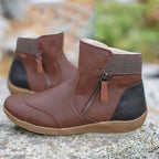 Women’s ankle boots in brown, side zipper, knit collar, tan non-slip tread