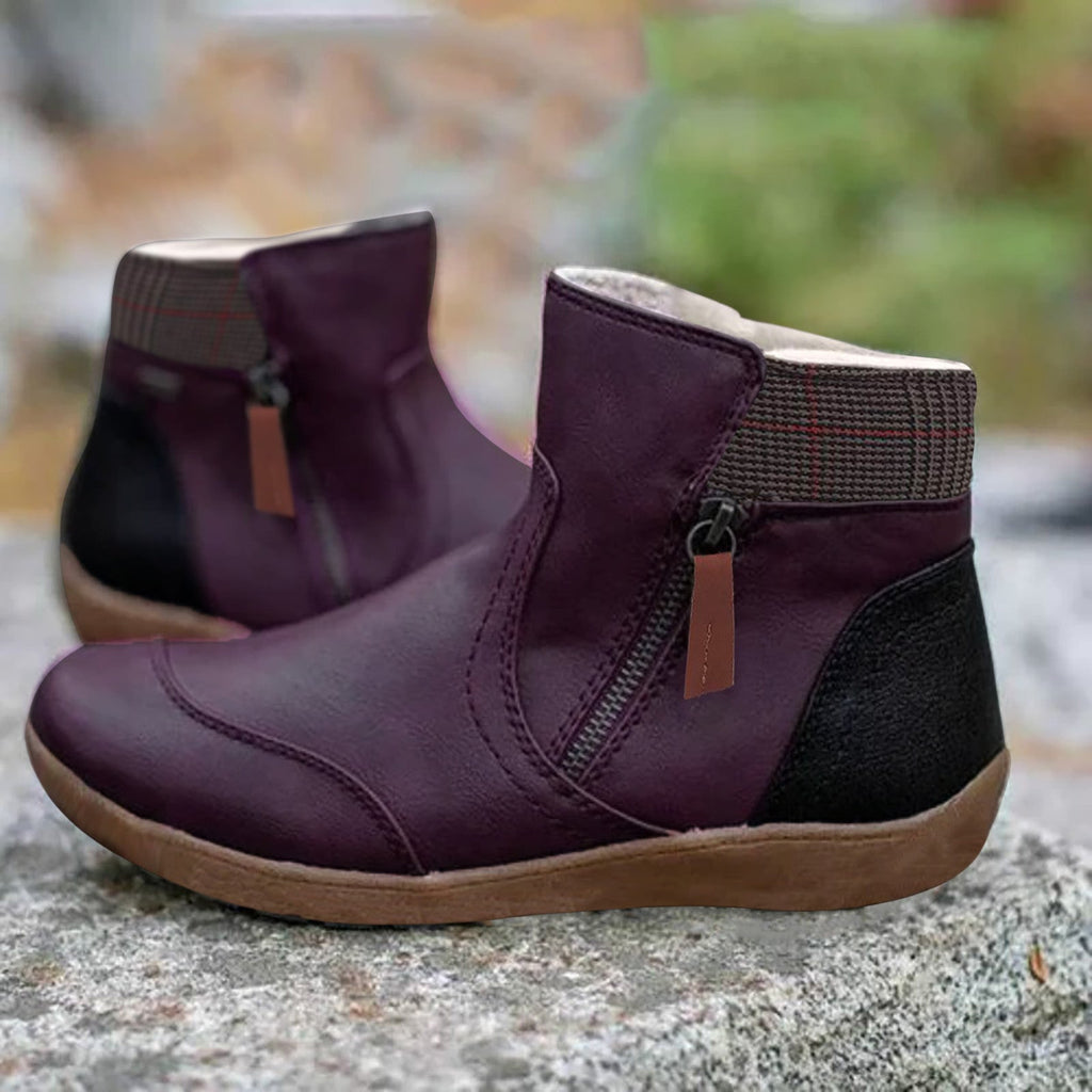 Women’s ankle boots in deep purple, side zipper, knit collar, tan non-slip tread