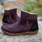 Women’s ankle boots in deep purple, side zipper, knit collar, tan non-slip tread