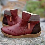 Women’s ankle boots in burgundy red, side zipper, knit collar, tan non-slip tread