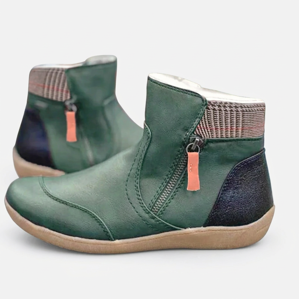 Women’s ankle boots in green, side zipper, knit collar, tan non-slip tread sole