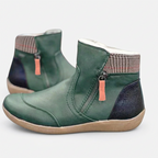 Women’s ankle boots in green, side zipper, knit collar, tan non-slip tread sole