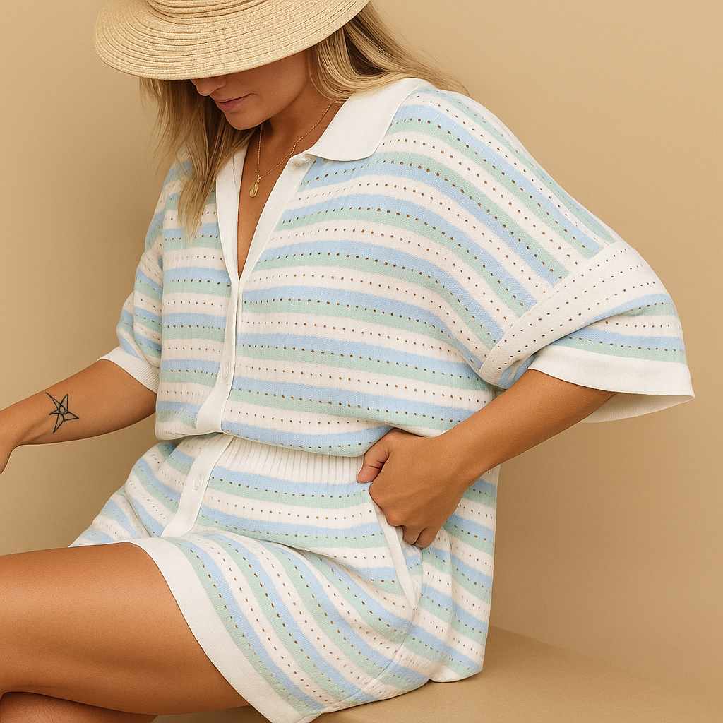 Women's Striped Blouse and High Waist Shorts Set – Summer Relaxed Fit-Women's Two Piece Sets-Blue Green-S-