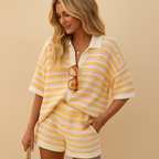 Women's Striped Blouse and High Waist Shorts Set – Summer Relaxed Fit-Women's Two Piece Sets-Pink Yellow-S-