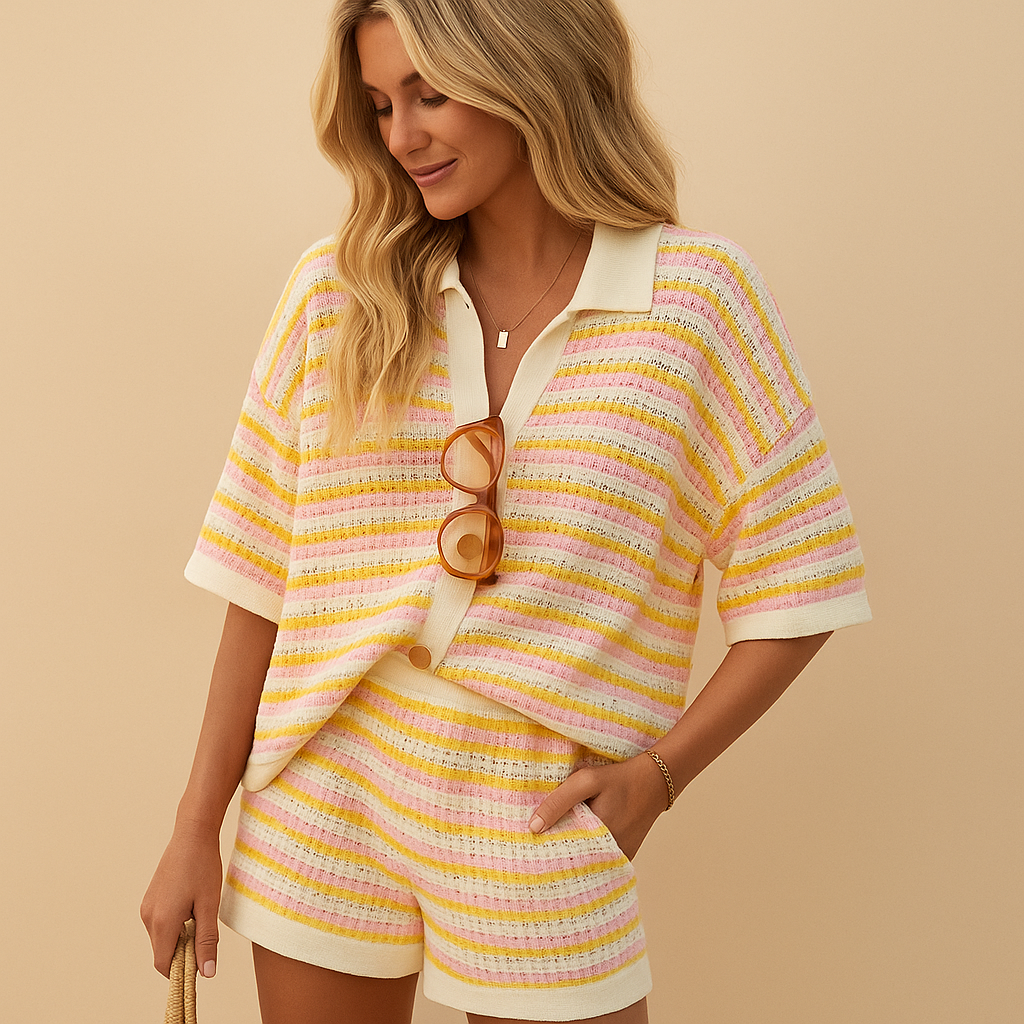 Women's Striped Blouse and High Waist Shorts Set – Summer Relaxed Fit-Women's Two Piece Sets-Pink Yellow-S-