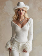 Fioré | V Neck Jumper for Women - Slim Fit White Cuffs Knit Elegant Cosy Fit-Women's V-Neck Sweater-White-XS-Camoufit