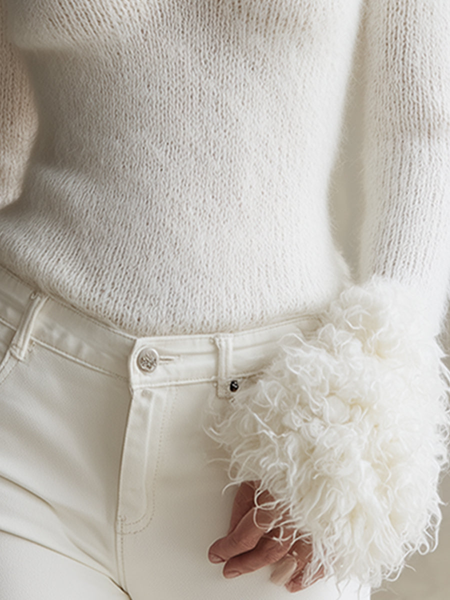 Fioré | V Neck Jumper for Women - Slim Fit White Cuffs Knit Elegant Cosy Fit-Women's V-Neck Sweater-White-XS-Camoufit