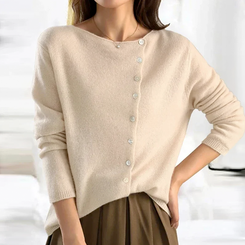 Bellune | Women's Elegant Cardigan with Asymmetrical Buttons Soft Knit Relaxed Fit Cosy Layer-Womens' Cardigan-Beige-One size-